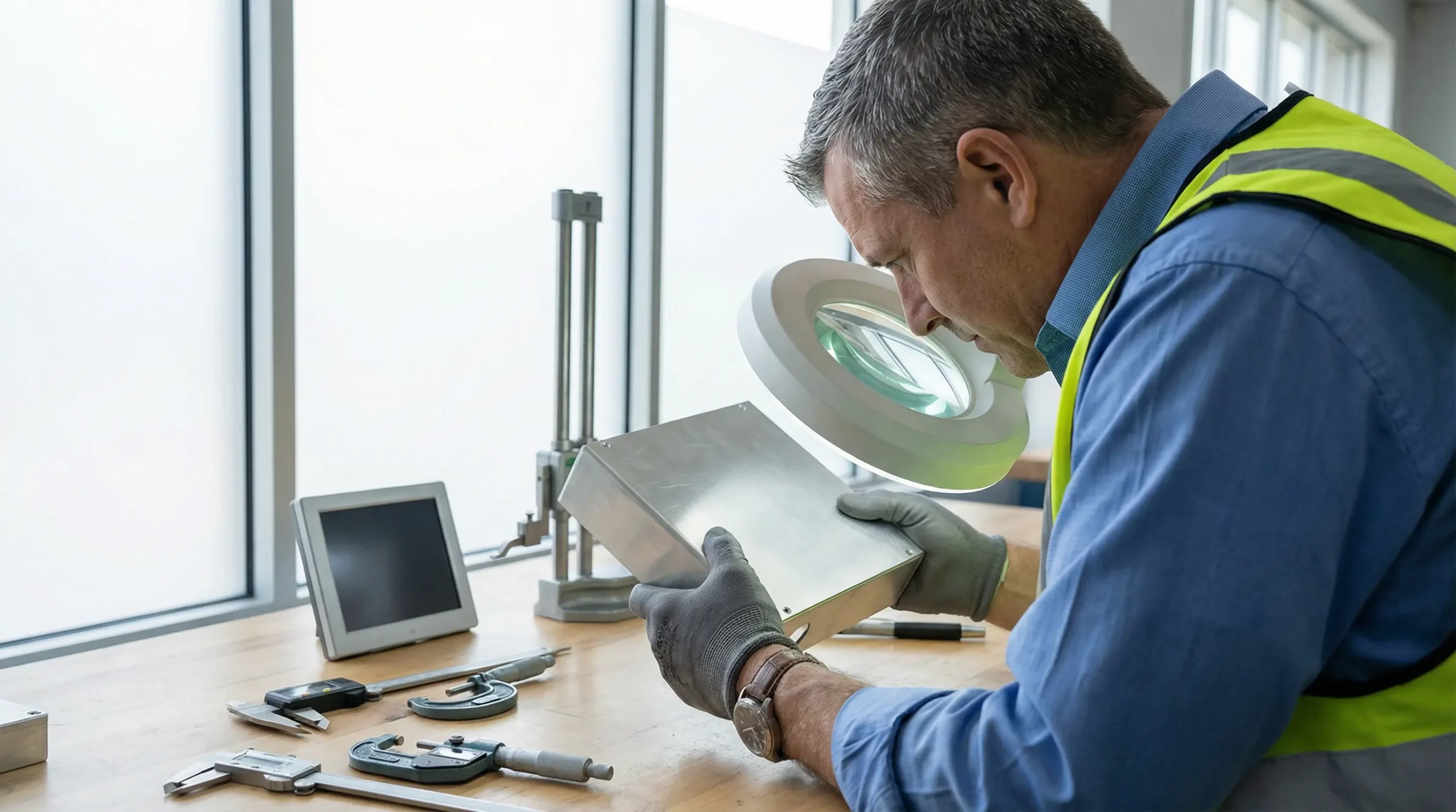 Quality inspection of custom metal enclosure with measurement tools on industrial workbench