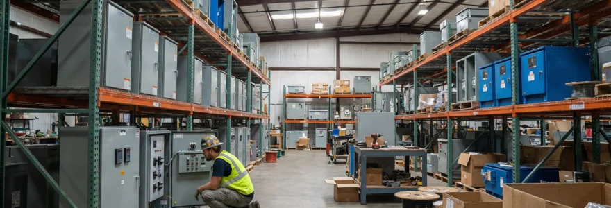 Procurement professional examining custom metal enclosures in industrial warehouse setting